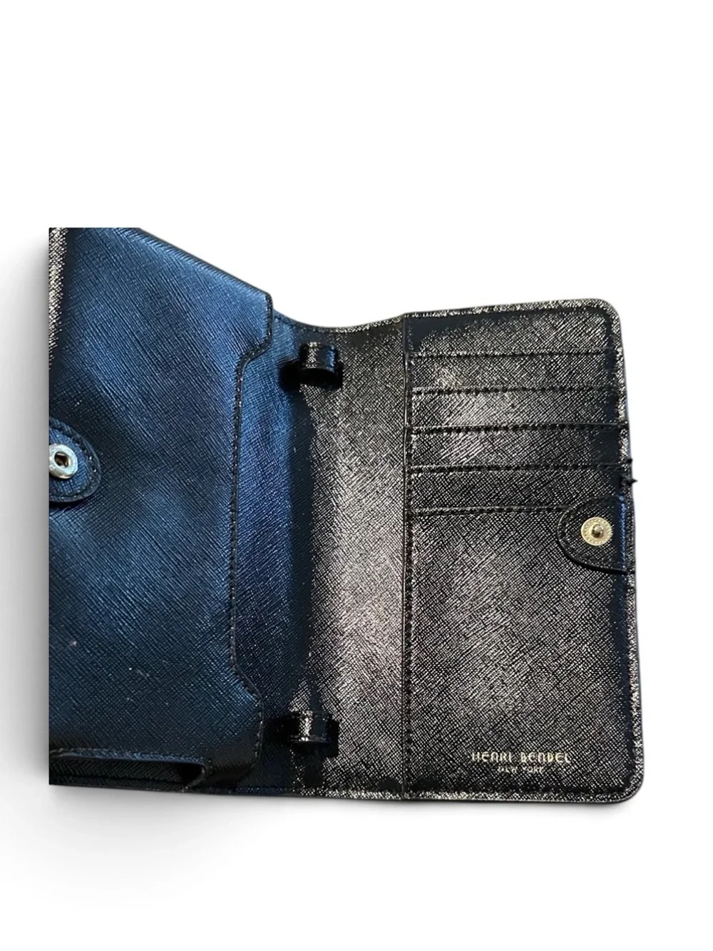 Henri Bendel RARE Black Saffiano Leather Floral Appliqué Phone Wallet NWOT